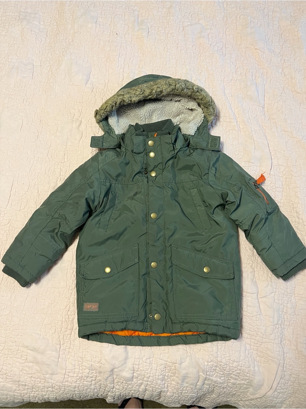 H&M Green Puffy Kids Winter Coat with Faux Fur Hood
